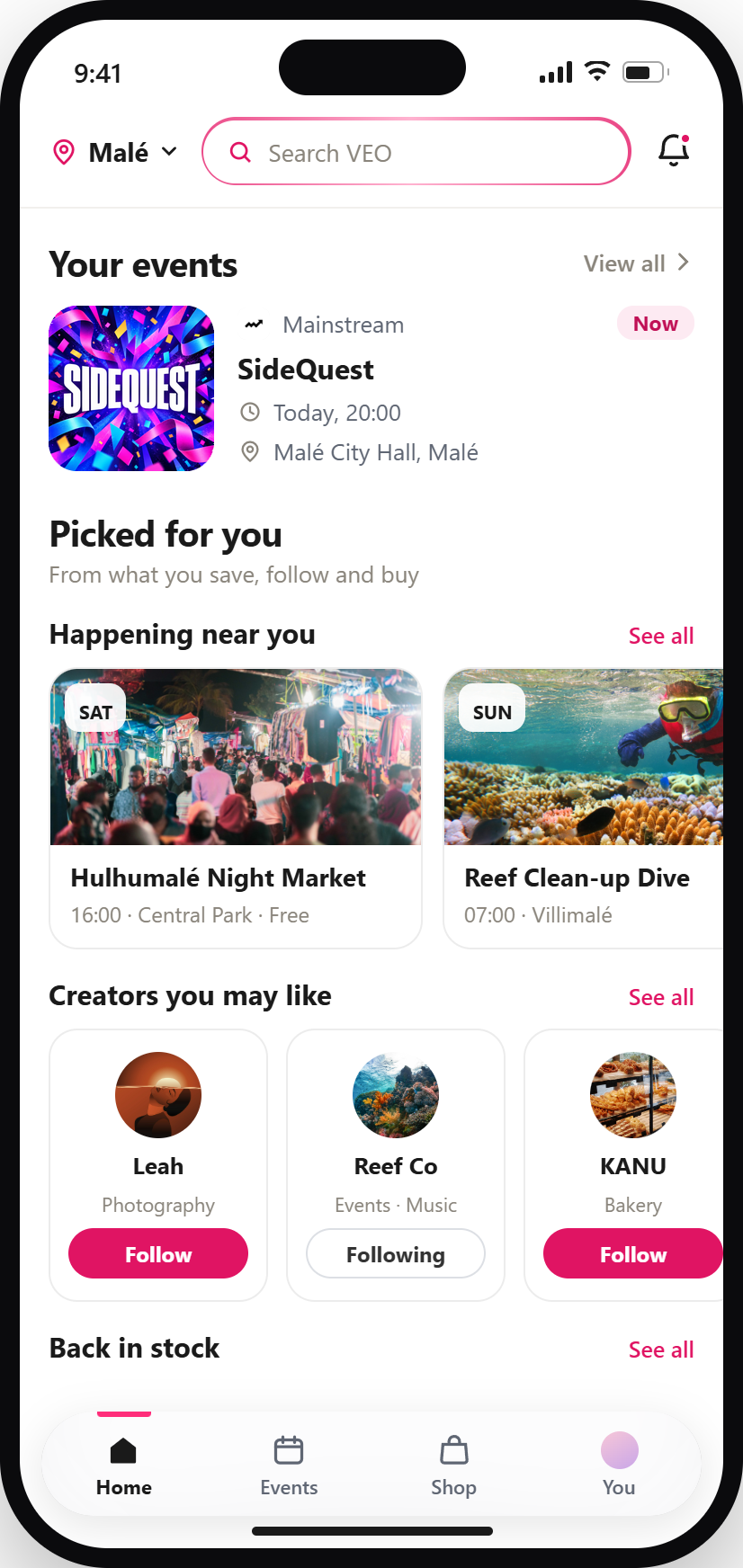 Veo App Home showing local events and creators